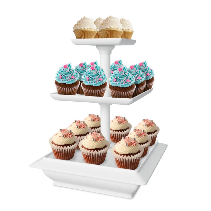 Chef Buddy 3-Tier Cupcake Stand - Square Display Stand for Birthday, Tea Party, Wedding, or Baby Showers - Dessert Table Display Set (White) - Image 1